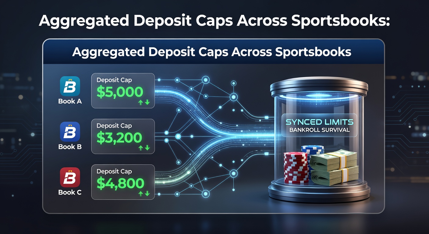 Tabel met voorbeeld van bankroll-verdeling over vijf sportwedkantoren, met geaggregeerde limieten en synchronisatiestrategieën