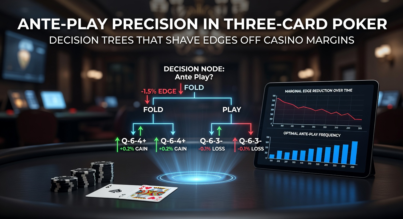 Besluitboom voor ante-play beslissingen in Three-Card Poker, met takken voor verschillende handtypes en raise/fold opties