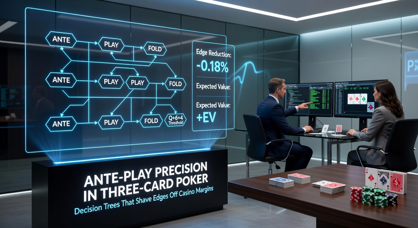Visuele representatie van een Three-Card Poker decision tree met kleur gecodeerde paden voor raise, fold en call gebaseerd op handrangschikking en dealer cards