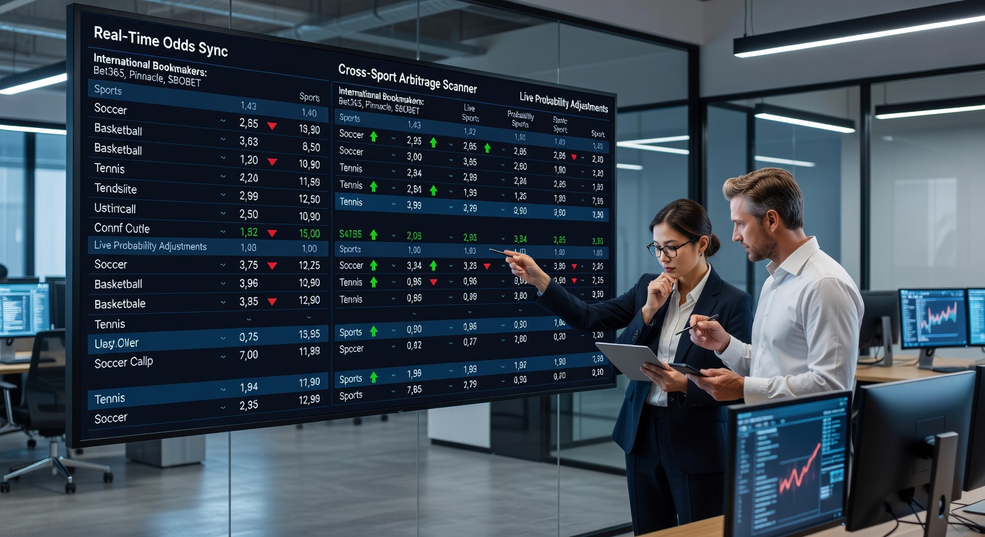 Real-time odds synchronisatie dashboard dat cross-sport arbitrage kansen toont bij meerdere internationale bookmakers