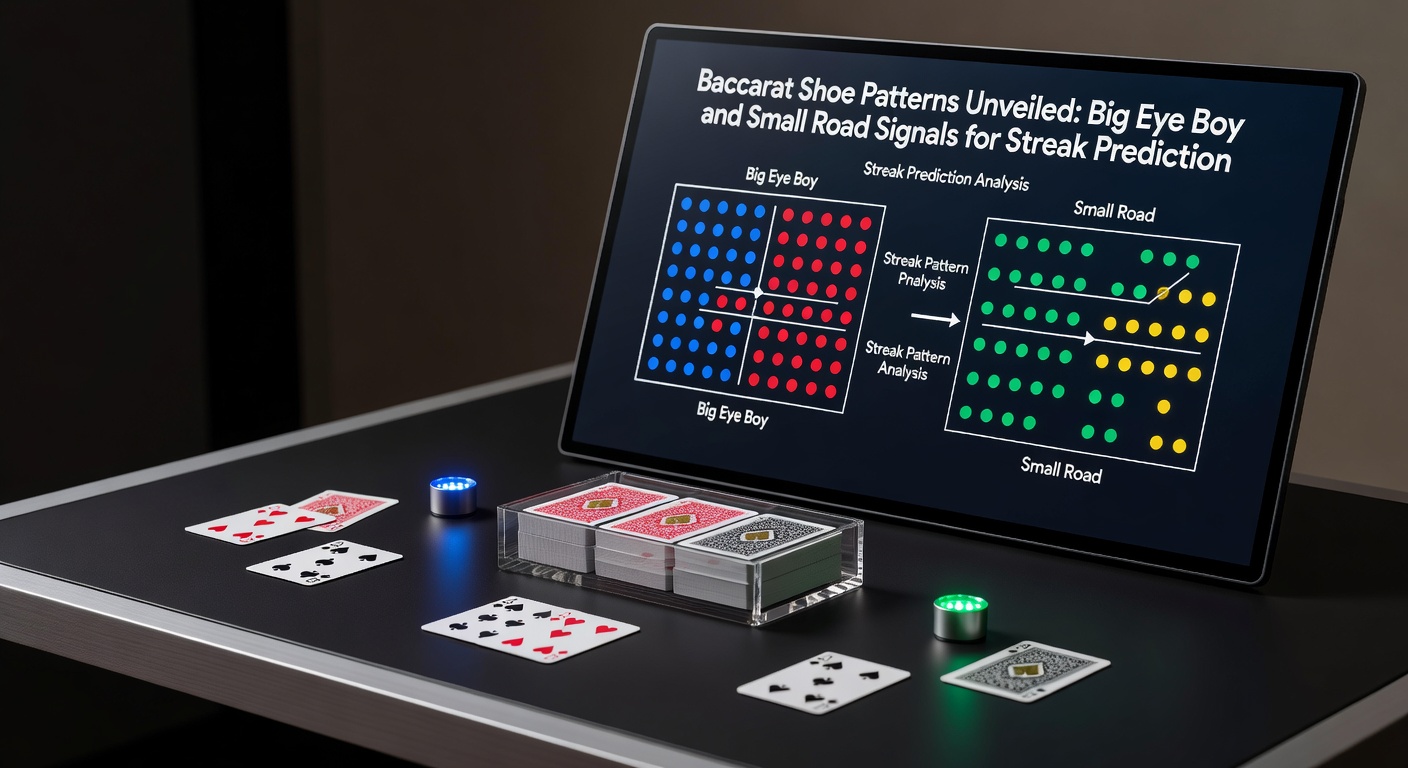 Visueel overzicht van Big Eye Boy en Small Road patronen op een Baccarat kaartschoen scorekaart, met rode en blauwe cirkels die streaks en chops aangeven