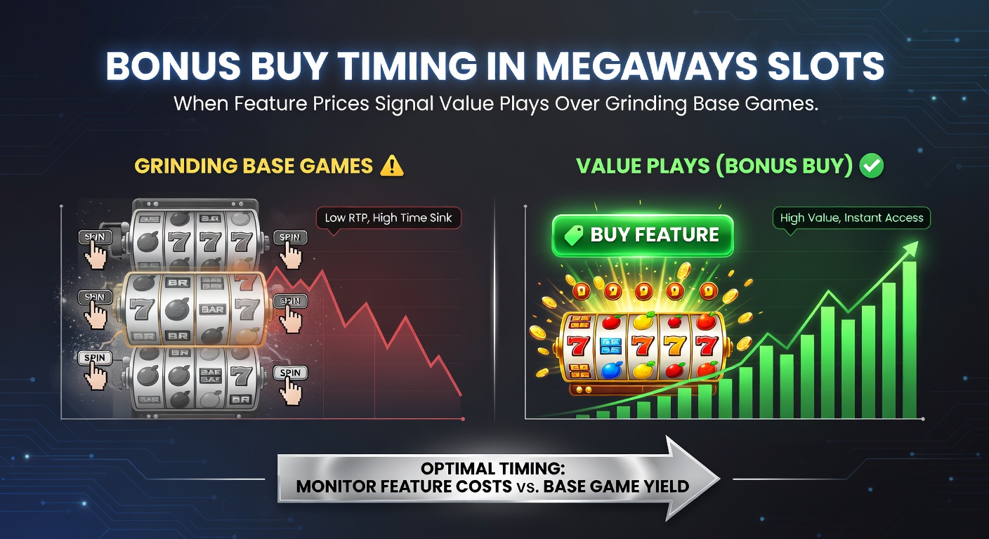 Voorbeeldscherm van een Megaways slot met bonus buy knop en prijsindicator, naast een vergelijkingstabel van base vs. feature returns