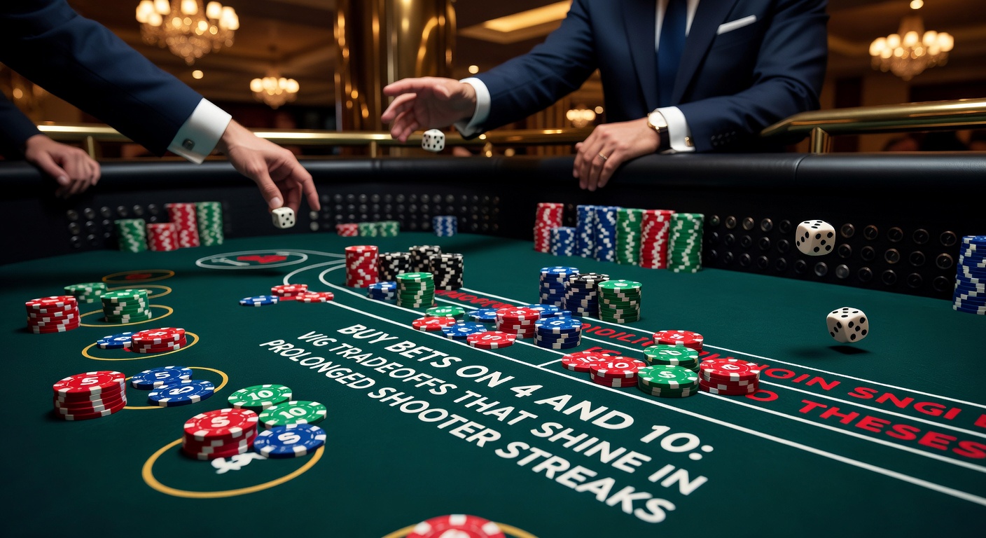 Craps-tafel met gemarkeerde buy bets op de nummers 4 en 10, shooter gooit de dobbelstenen tijdens een hete streak