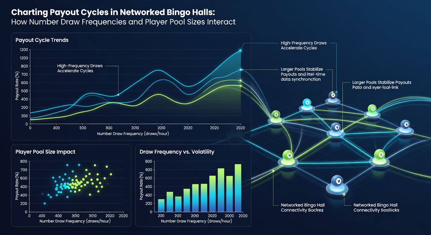 Grafieken van payoutcycli met variërende spelersaantallen en trekfrequenties in bingo netwerken