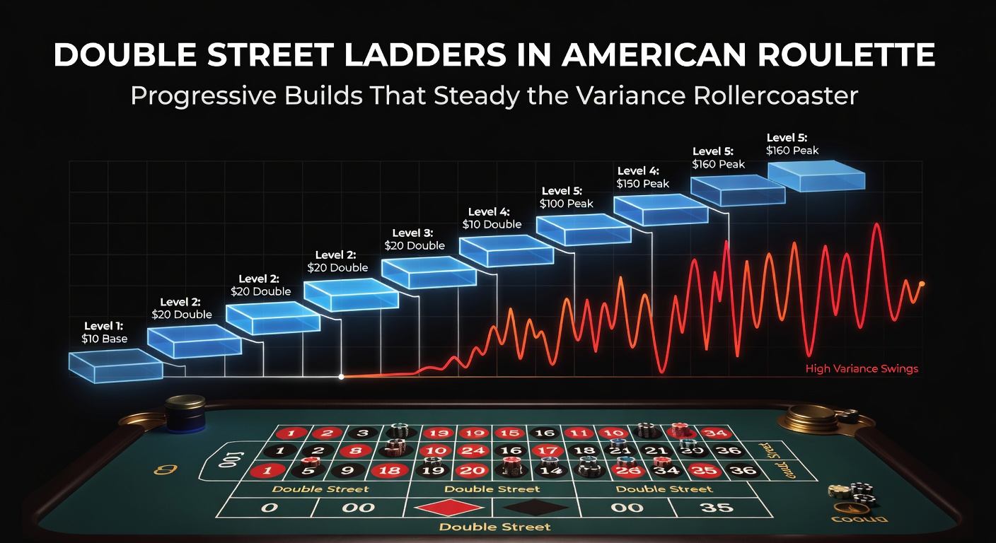Illustratie van een roulettewiel met double street bets gemarkeerd op het speelveld, inclusief progressieve ladderopbouw