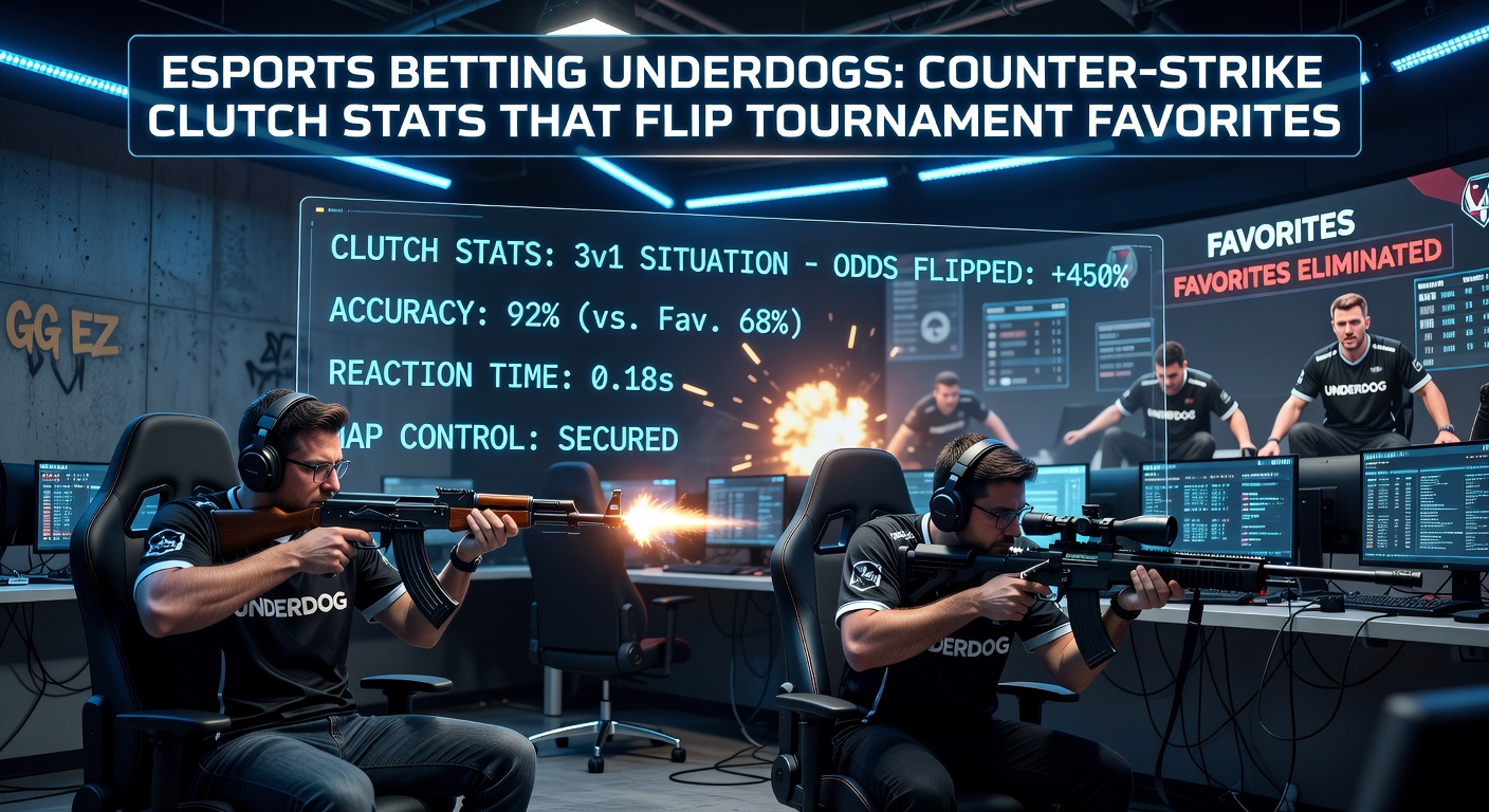 Spannende Counter-Strike clutch moment tijdens een esports toernooi, waar een underdog speler een 1v3 situatie wint