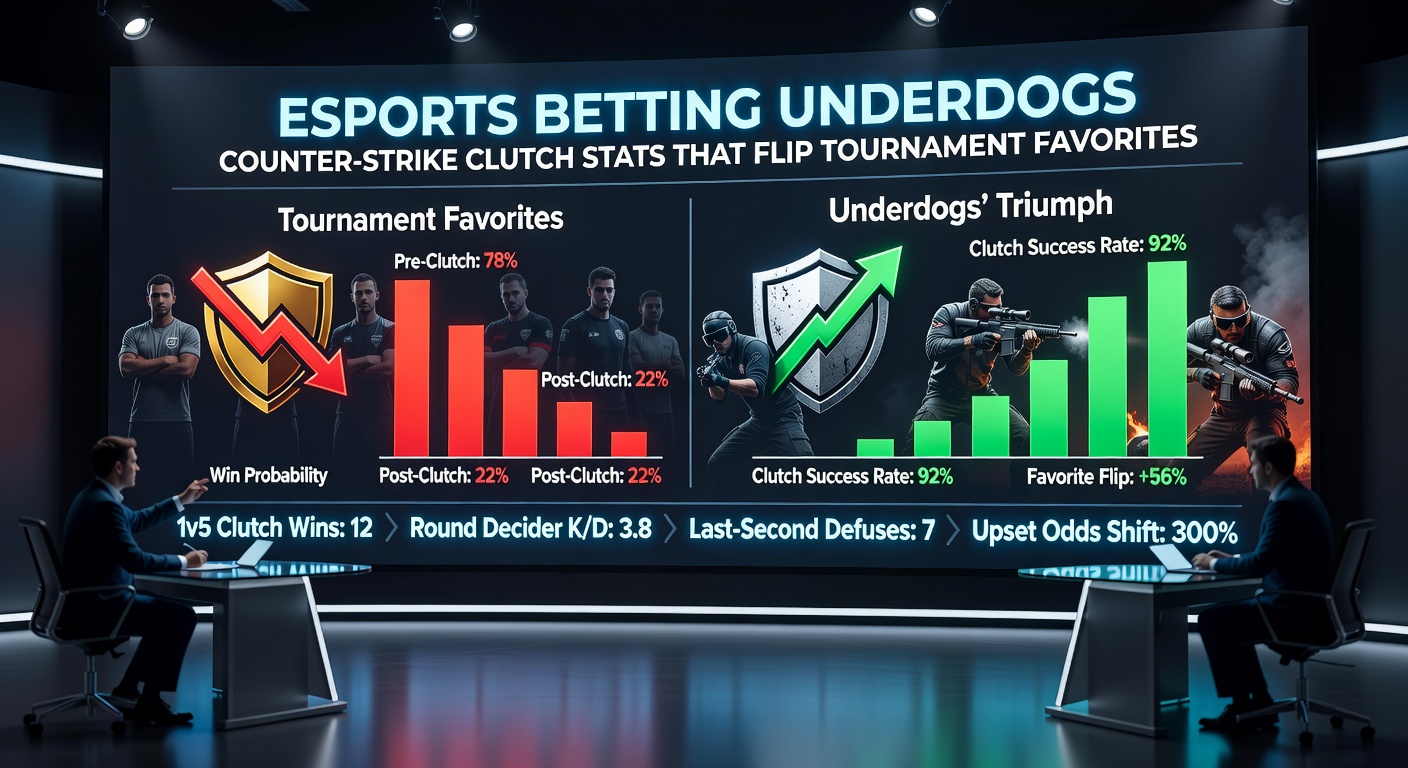 Grafiek met Counter-Strike clutch statistieken van underdog spelers versus favorieten, highlightend win rates in toernooien