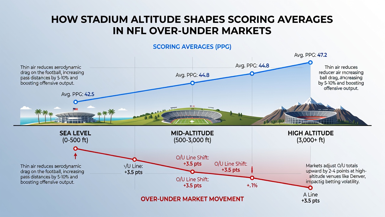 Grafiek met gemiddelde punten per wedstrijd per stadionhoogte in de NFL