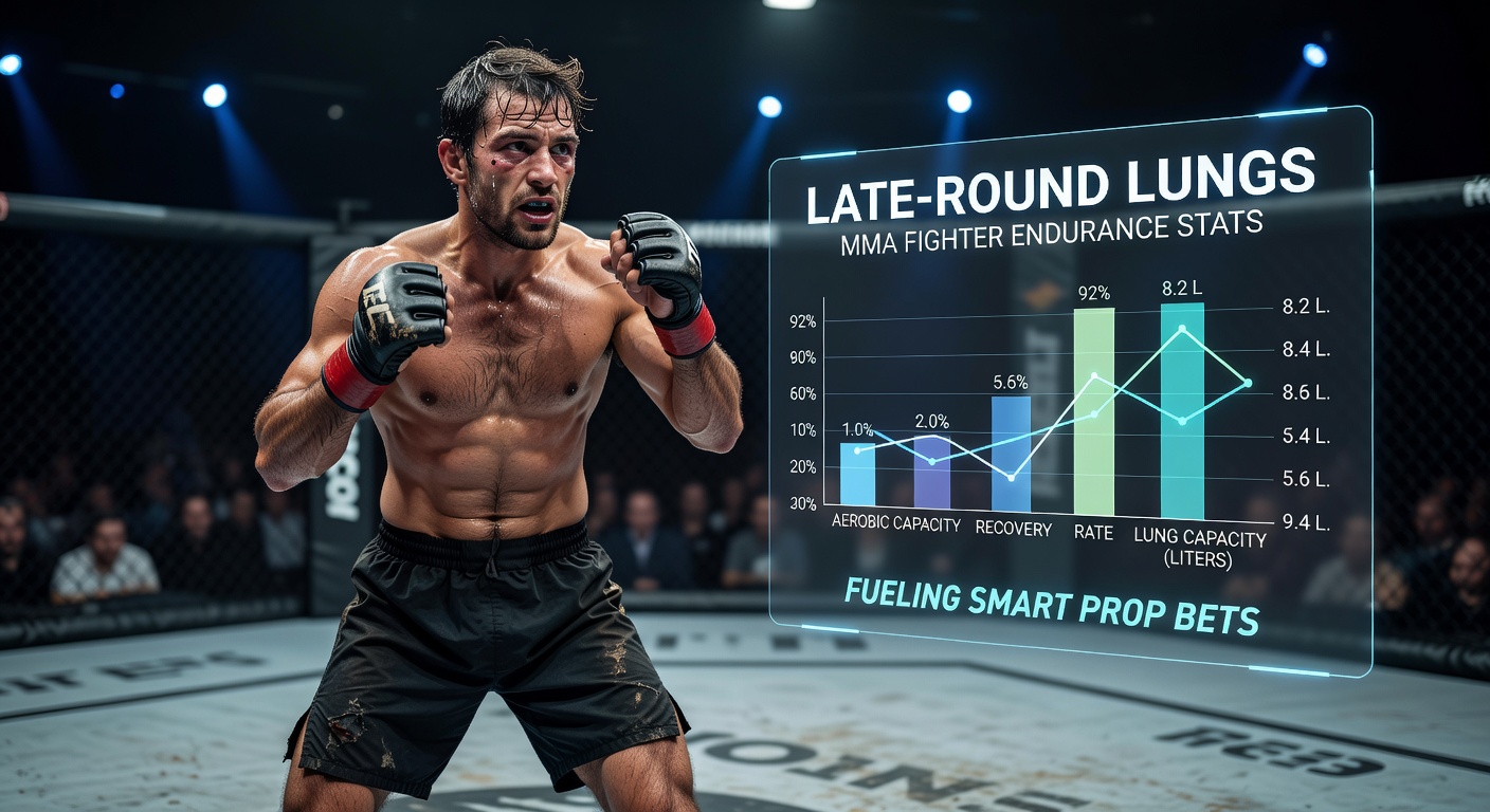 MMA-vechter in de late rondes van een UFC-gevecht, zweetdruppels vliegen terwijl hij een stoot uitdeelt, met focus op uitputting en doorzettingsvermogen