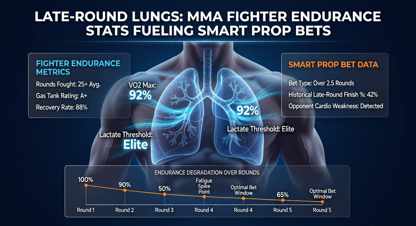 Grafiek met lijncharts van strike-output over vijf rondes voor verschillende MMA-vechters, highlightend endurance curves en drop-offs in late stadia