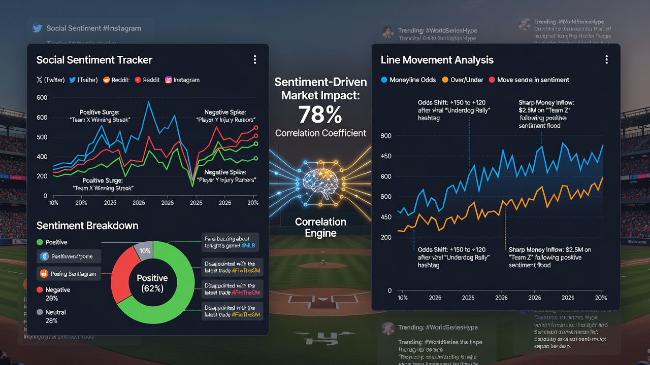 Analyse dashboard met correlaties tussen sentiment scores en MLB odds bewegingen