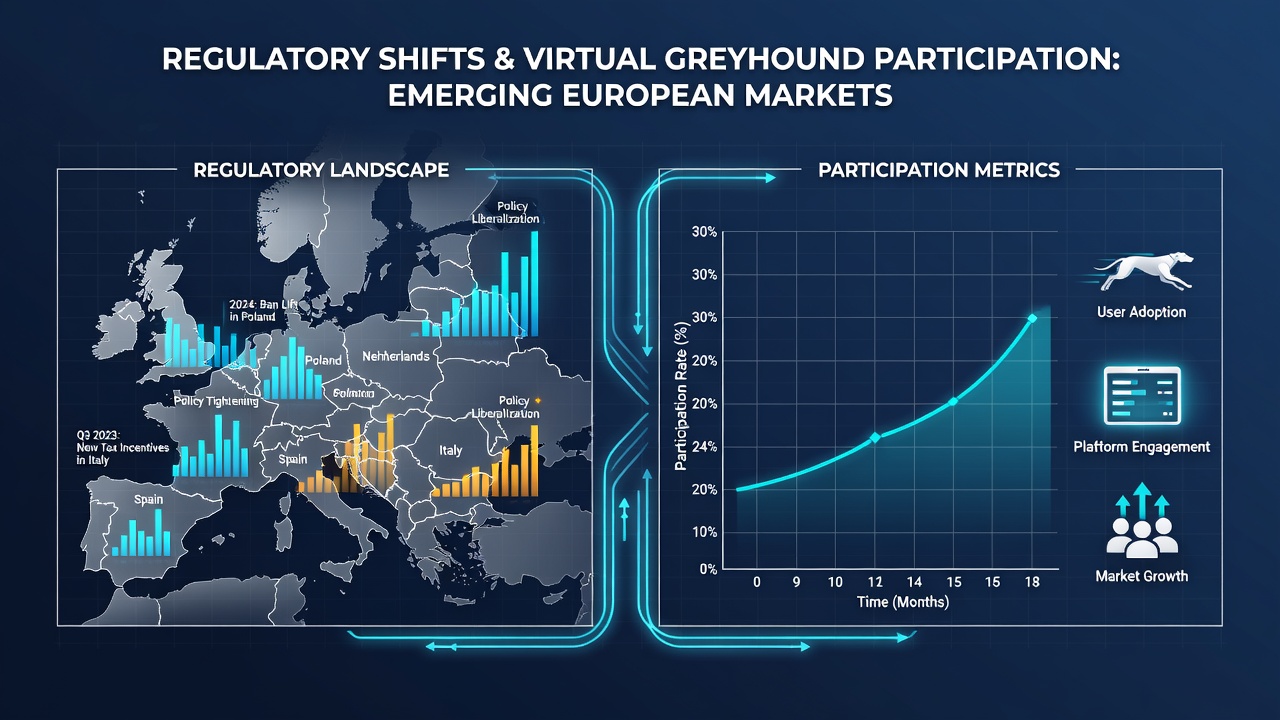 Grafiek die reguleringsveranderingen en participatiecijfers in virtuele greyhound racing weergeeft