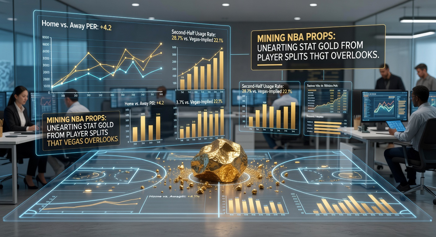 Voorbeeld van een NBA-spelerdashboard met gesplitste stats, props-odds en grafieken van Vegas-lijnen