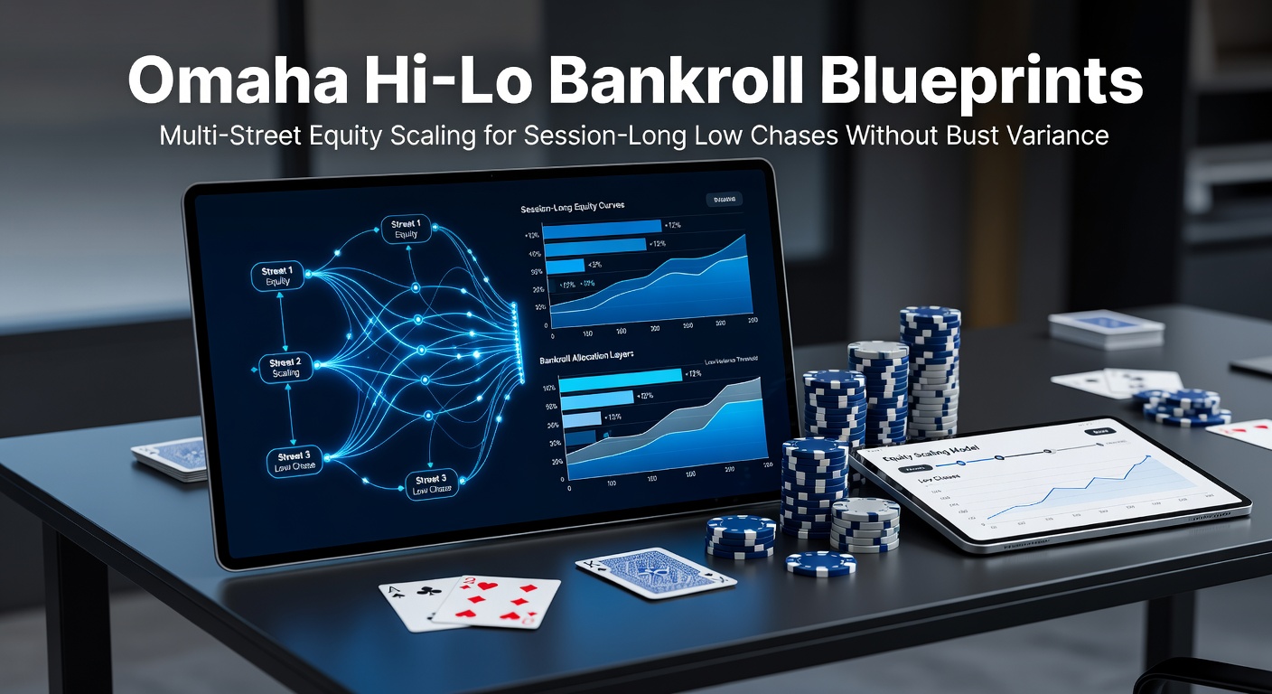Grafiek van Omaha Hi-Lo equity distributie over meerdere straten, met schaalbare bankroll lijnen voor low chases
