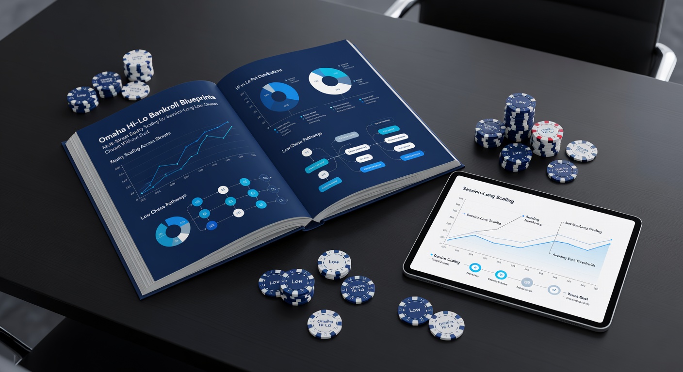 Voorbeeld van een Omaha Hi-Lo handanalyse met equity grafiek over straten en bankroll scaling curve voor low chase sessies