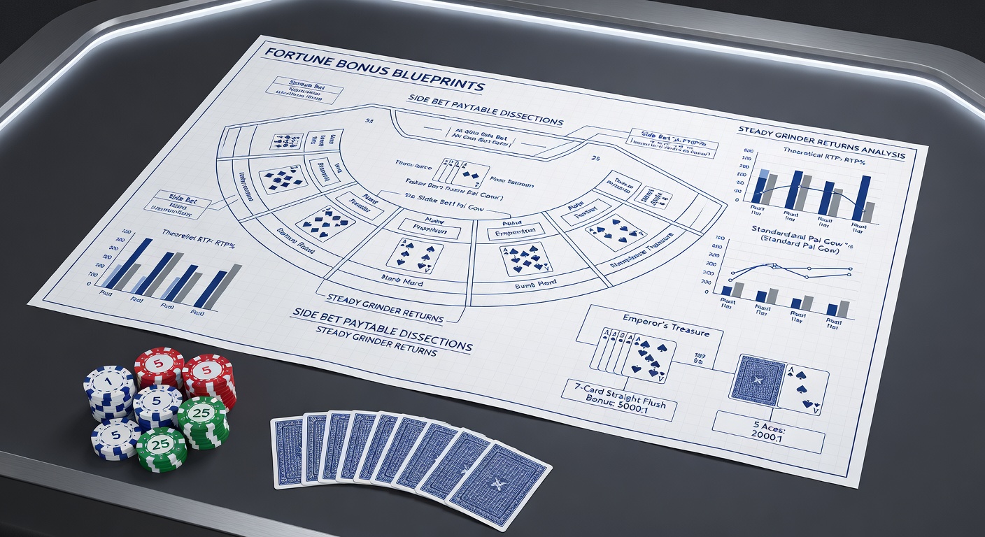 Grinders aan een Pai Gow Poker-tafel analyseren een Fortune Bonus paytable, met chips en kaarten in een bruisend casino-omgeving