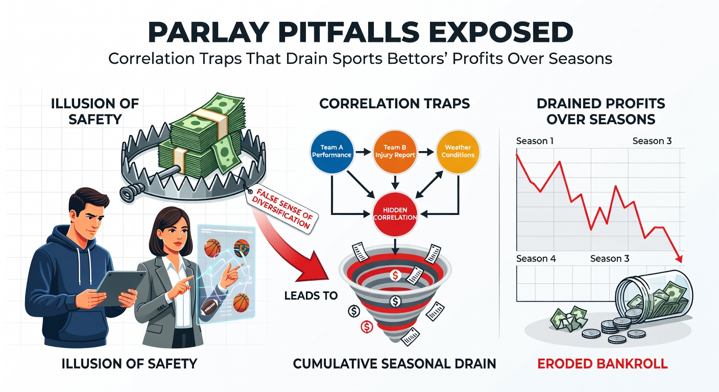 Voorbeeldgrafiek van een correlated NFL parlay met passer yards en teamwinst, tonend hoe uitkomsten samenhangen en winstkansen dalen
