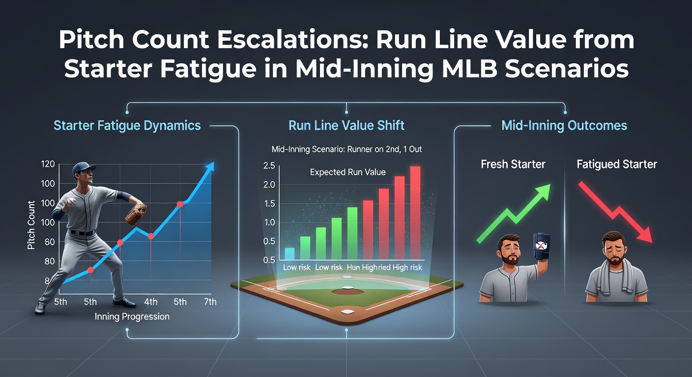 Een MLB starter pitcher op de mound met een hoge pitch count, zweet op het gezicht terwijl hij een bal gooit tijdens een spannende midden-inning situatie