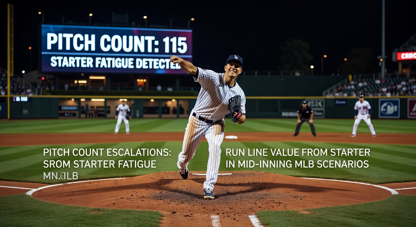 Grafiek met pitch count trends en run line uitkomsten in MLB wedstrijden, tonen escalaties in de 4e-6e innings met corresponderende scoring spikes
