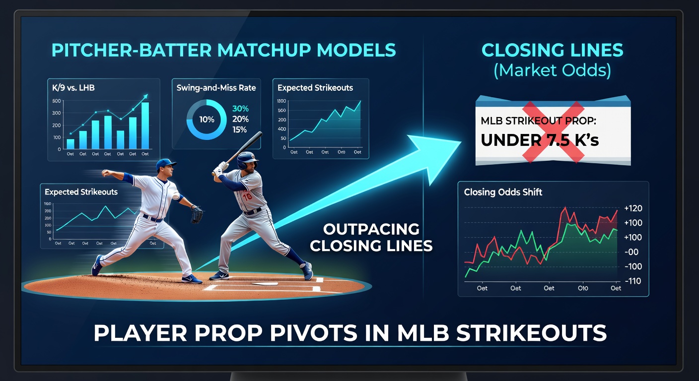 Voorbeeld van een matchup-model dashboard met strikeout voorspellingen versus closing lines voor een MLB-pitcher in actie