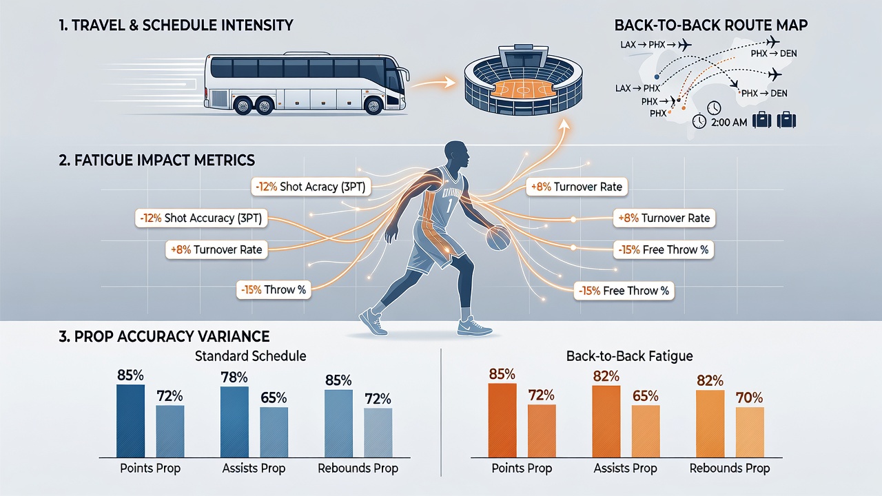 Data charts displaying NBA player prop accuracy drops during back-to-back games due to travel fatigue