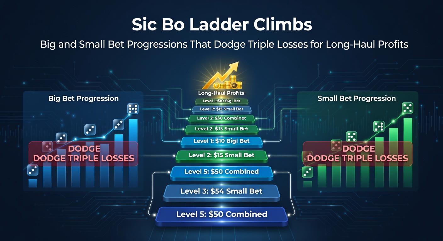 Grafiek van een ladder climb progressie in Sic Bo, met lijnen voor Big en Small inzetten die triples ontwijken en opbouwen naar langetermijnwinst