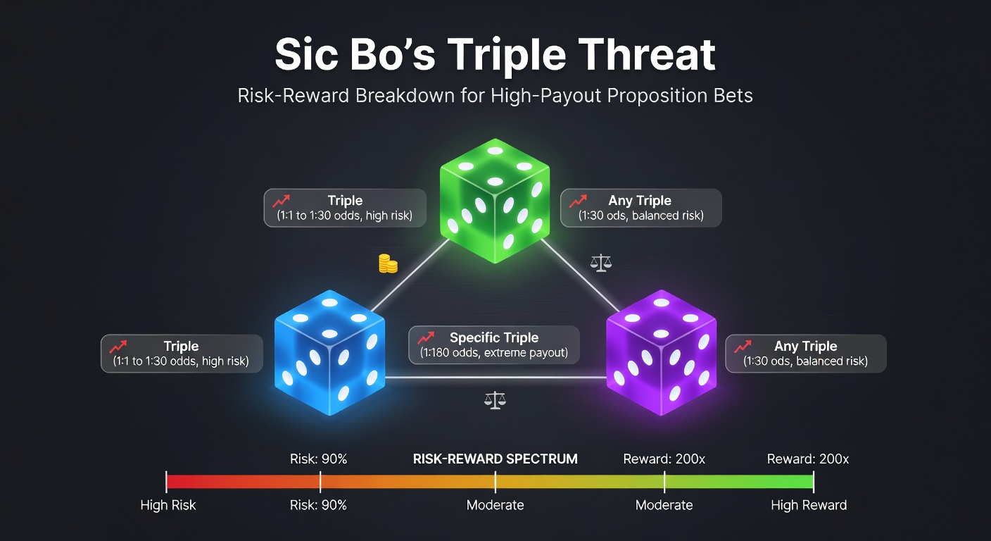 Sic Bo-speeltafel met drie dobbelstenen die een triple tonen, omringd door kleurrijke fiches en spelers die gespannen toekijken
