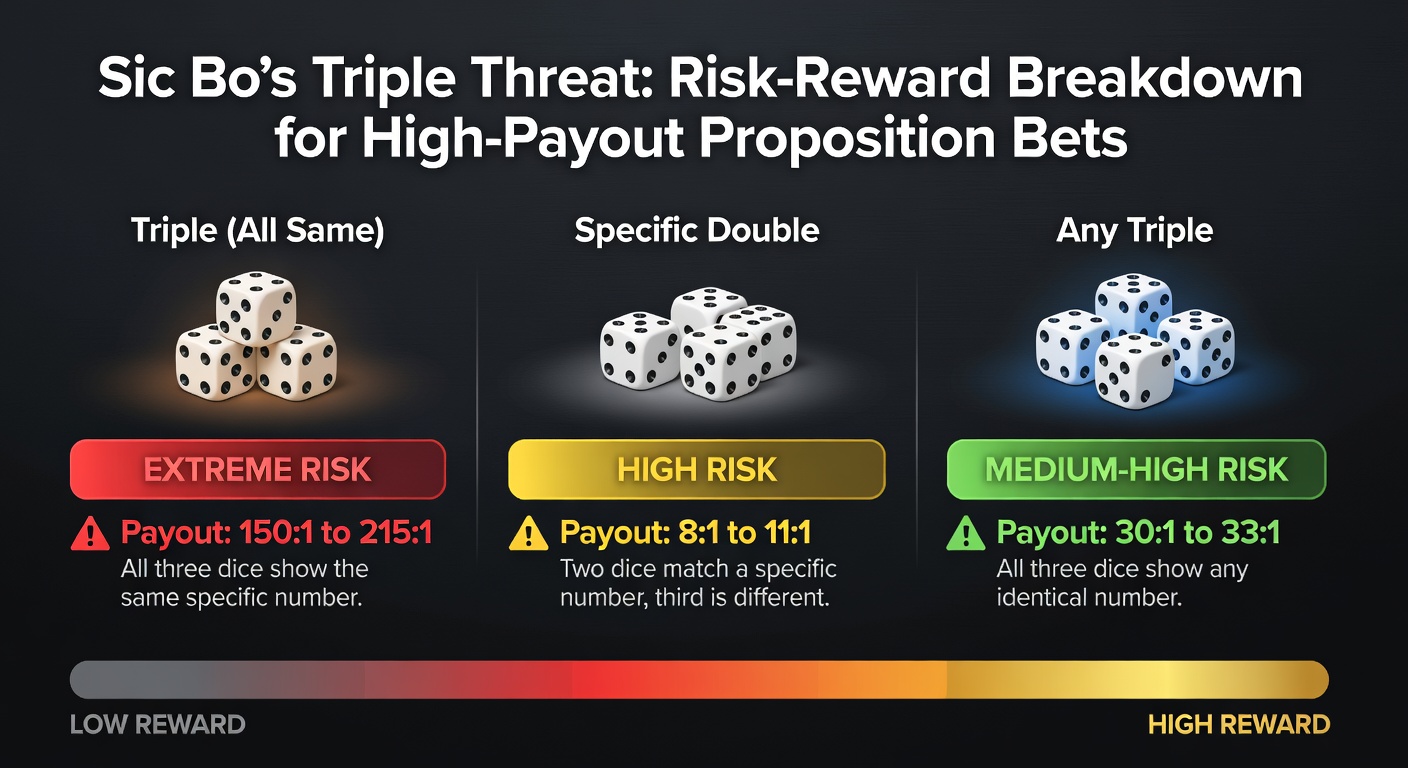 Grafiek met Sic Bo-probabiliteiten voor triple bets, tonen house edge en uitbetalingsratio's naast een close-up van winnende dobbelstenen