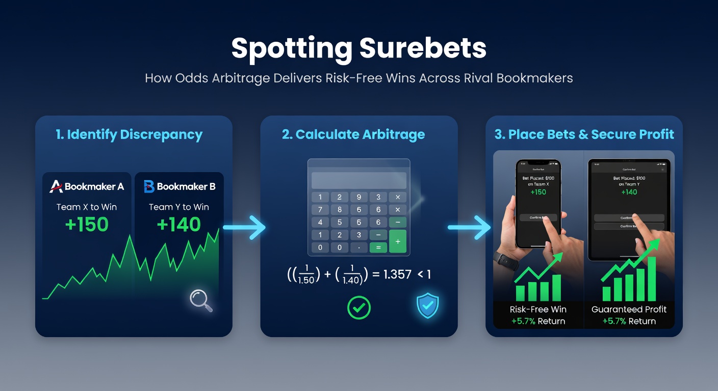 Grafiek met overlappende odds van verschillende bookmakers die een surebet illustreren, met pijlen die arbitragekansen tonen