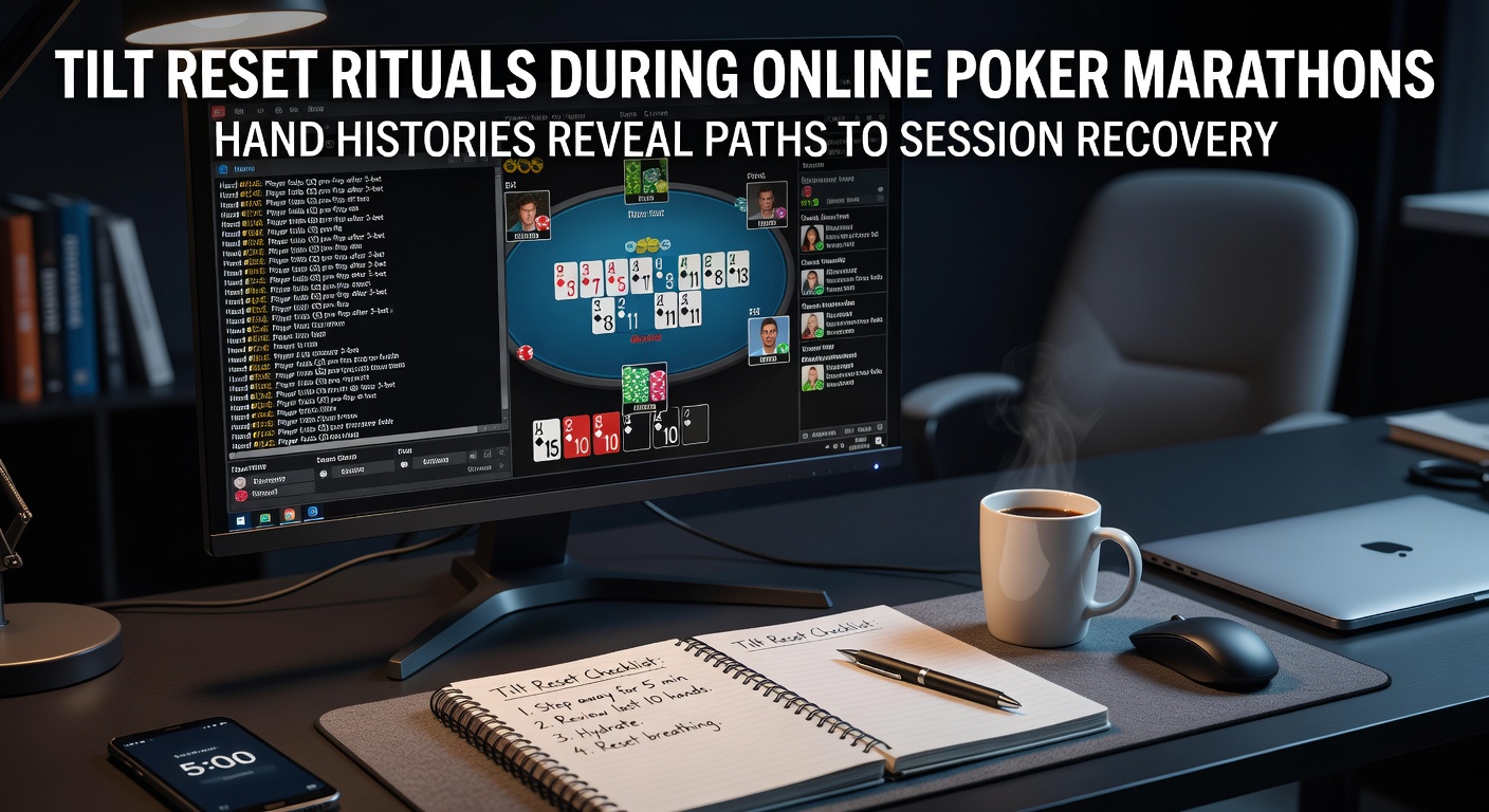 Een online poker speler die een pauze neemt tijdens een lange marathon sessie, met handgeschiedenis software op de achtergrond zichtbaar