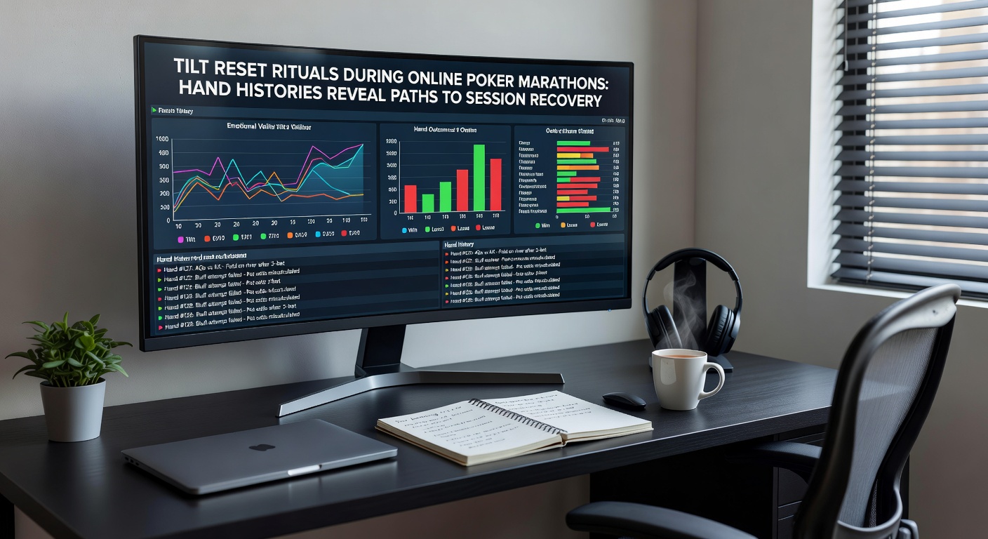 Grafiek van handgeschiedenissen met tilt patronen en recovery curves tijdens een online poker marathon