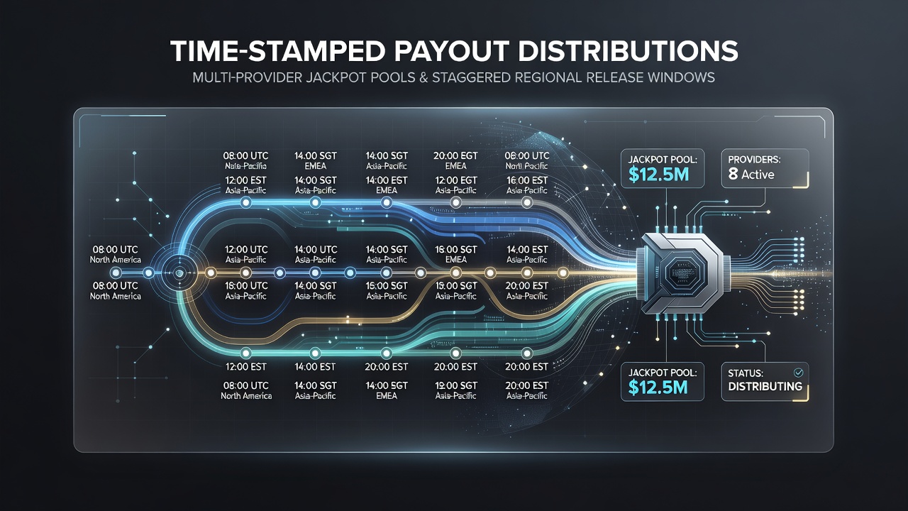 Diagram van tijdgestempelde jackpotdistributies in multi-provider pools met regionale vensters