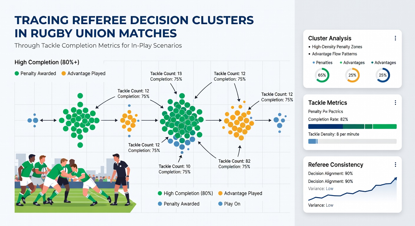 Visualisatie van scheidsrechterbeslissingsclusters gekoppeld aan tackle-metrieken in live rugby