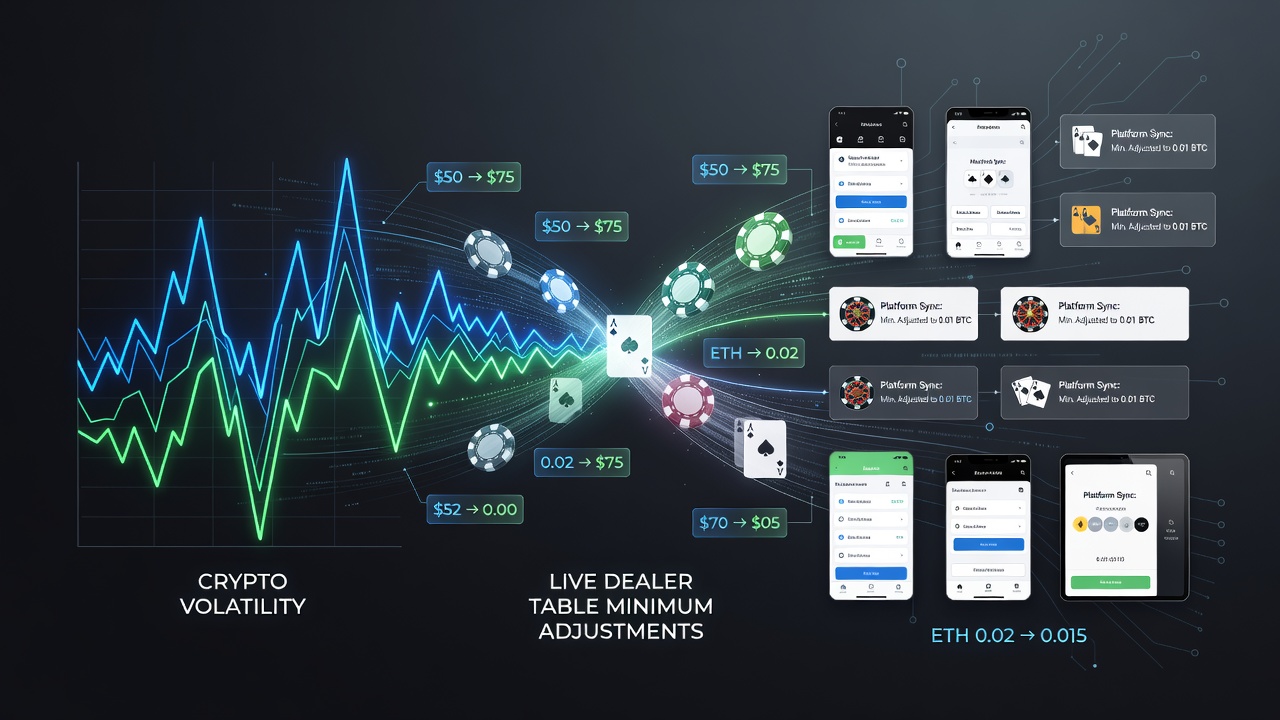 Grafiek die cryptovaluta koersbewegingen en aanpassingen van live dealer tafelminima over meerdere platforms weergeeft