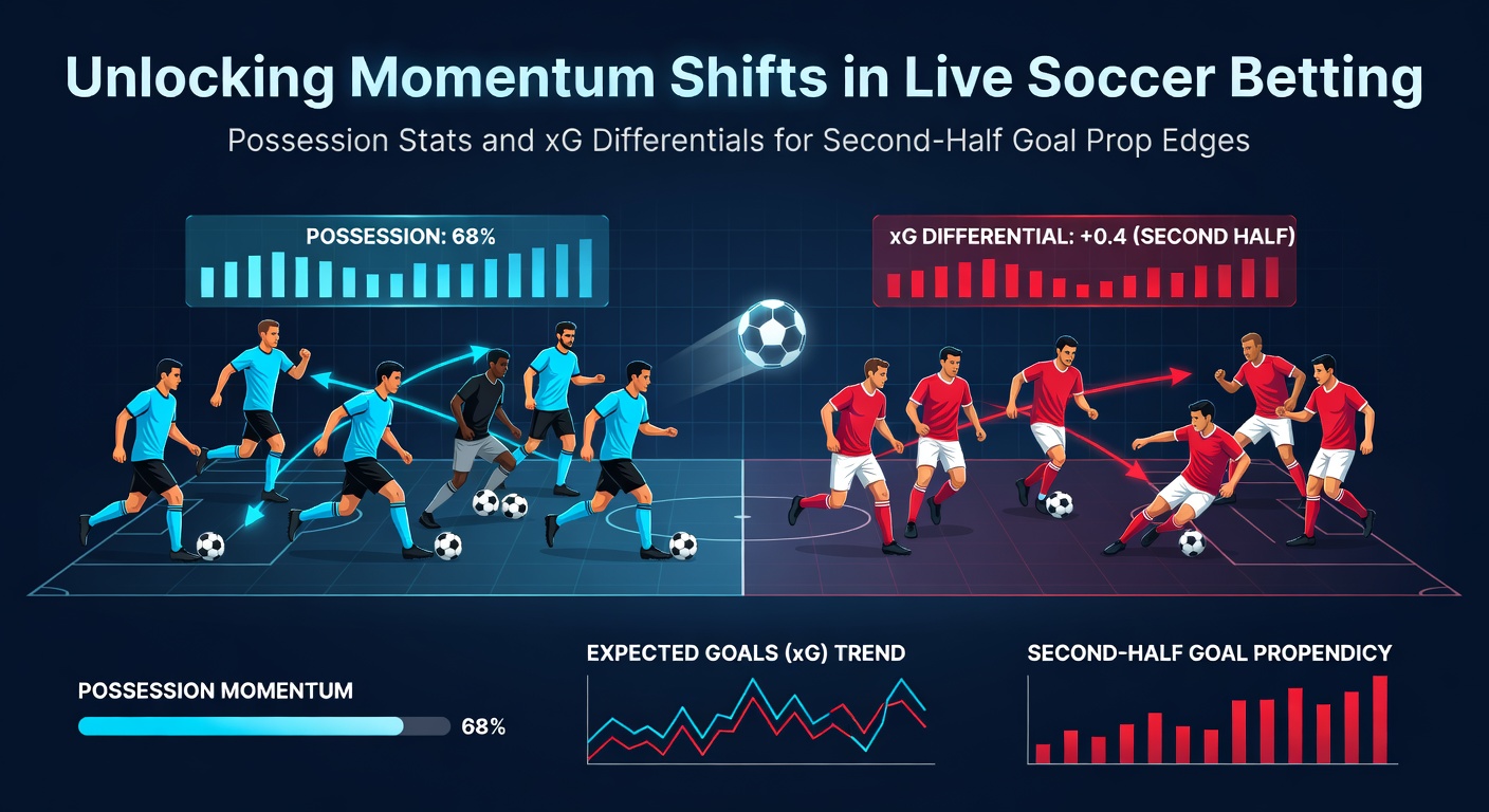 Grafiek die balbezitveranderingen en xG-ontwikkelingen toont tijdens een live voetbalwedstrijd, met focus op de overgang naar de tweede helft