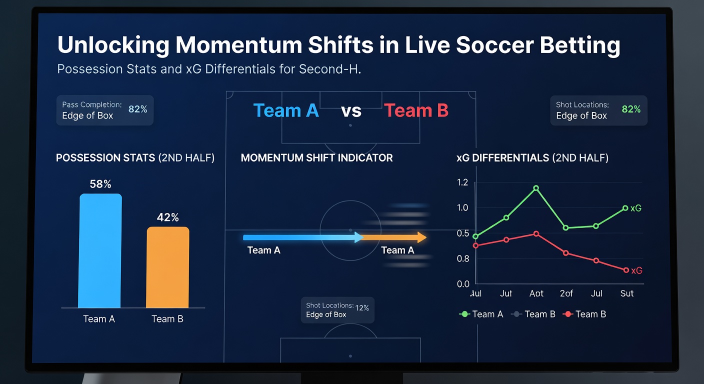 Visualisatie van xG-differentiaalcurves over twee helften in een typische Premier League-wedstrijd, met markeringen voor momentum shifts