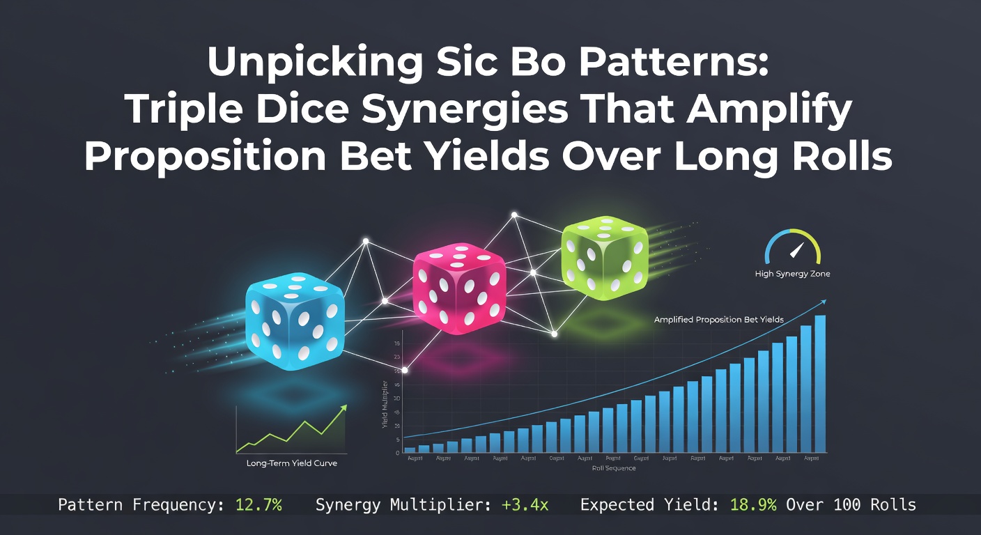 Drie dobbelstenen tonen een triple in een Sic Bo-spel, met focus op synergiepatronen over meerdere rollen