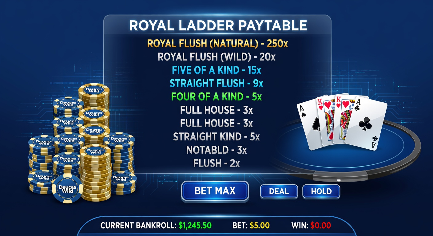 Grafiek van Royal Ladder progressie in Deuces Wild, met bankrollgroei en paytable vergelijkingen