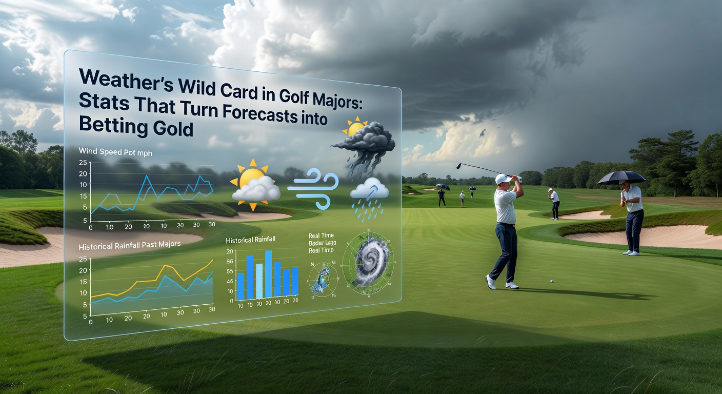 Golfers worstelen met sterke wind en regen tijdens een major-toernooi op een kustbaan, waar ballen alle kanten op vliegen
