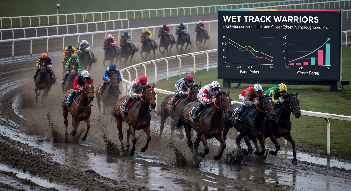 Jockeys en paarden worstelen door een diep modderige baan, met waterfonteinen opstotend bij elke hoefslag tijdens een spannende finish