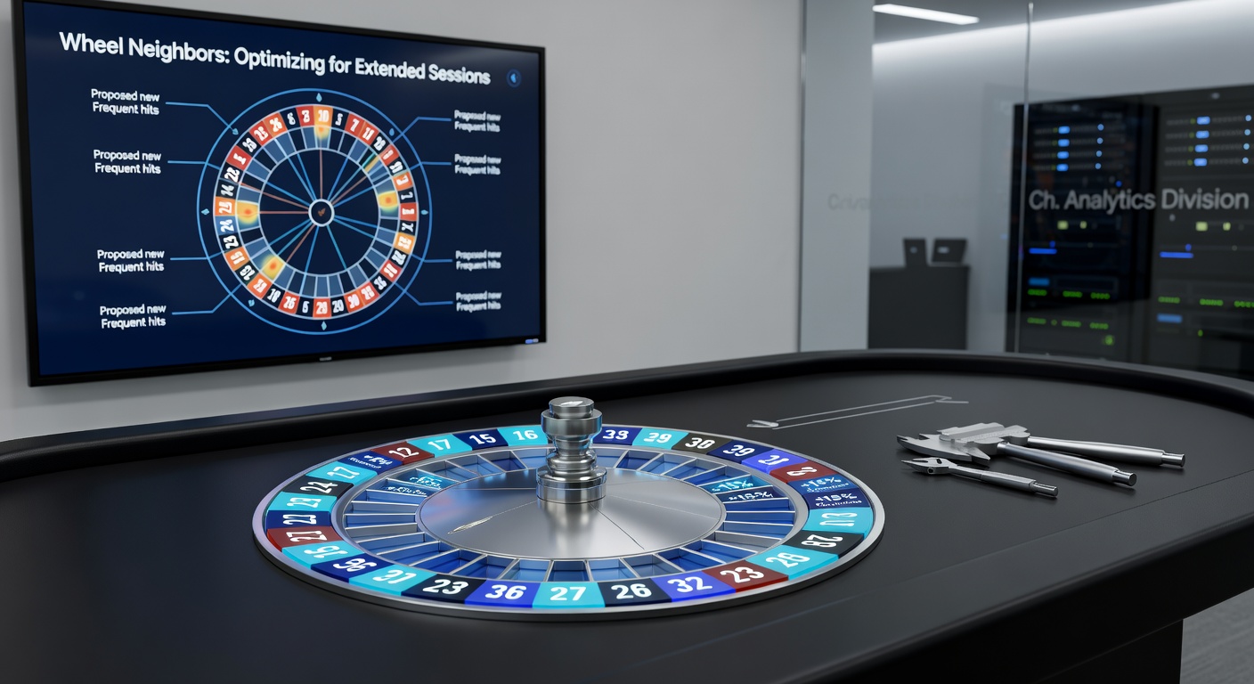 Voorbeeld van een custom wheel neighbor sector op een Europees roulette wiel, met frequent hits gemarkeerd en uitbetalingsberekeningen